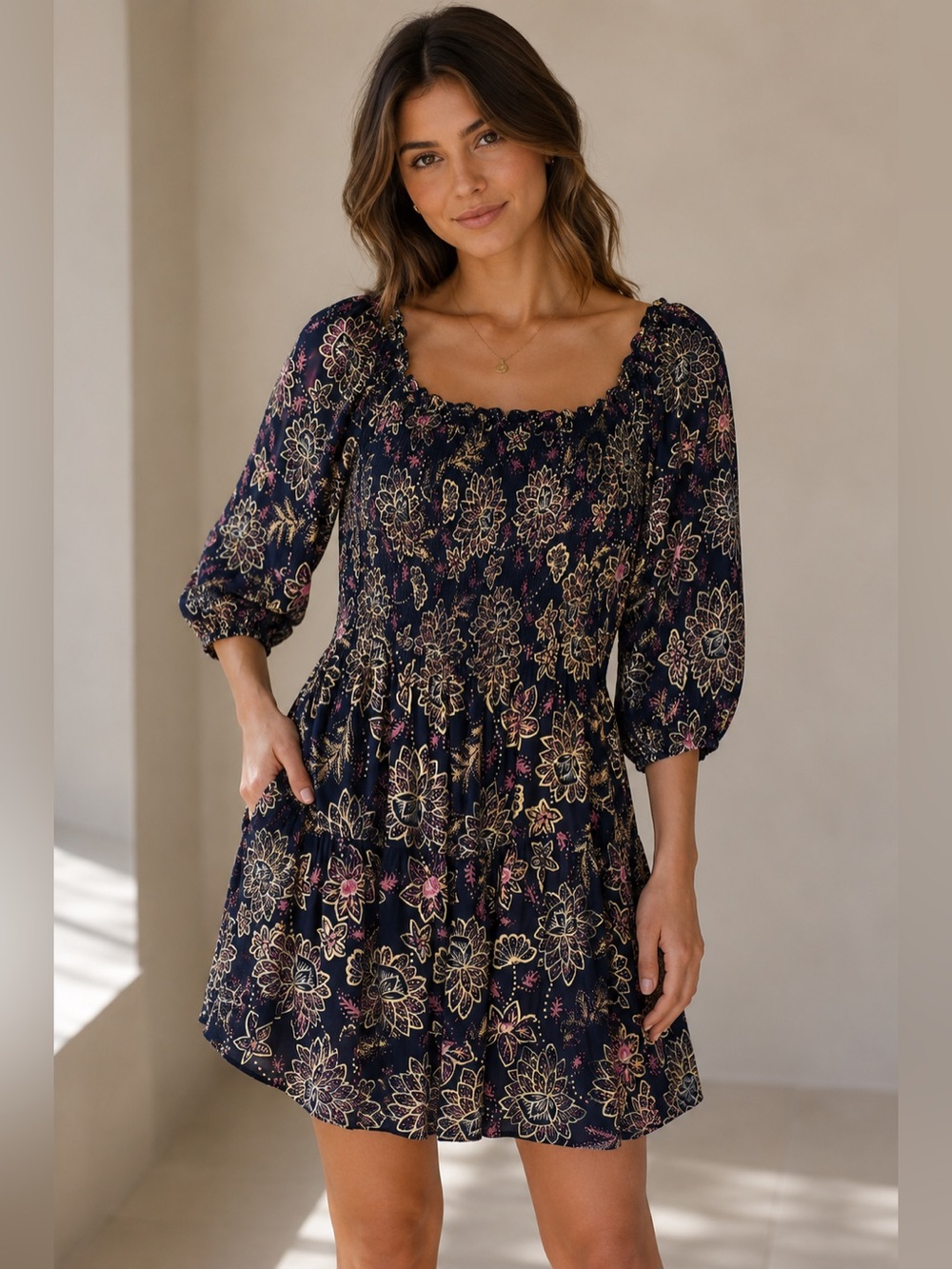 Angie Navy Floral Smocked Top with Pink and Gold Accents